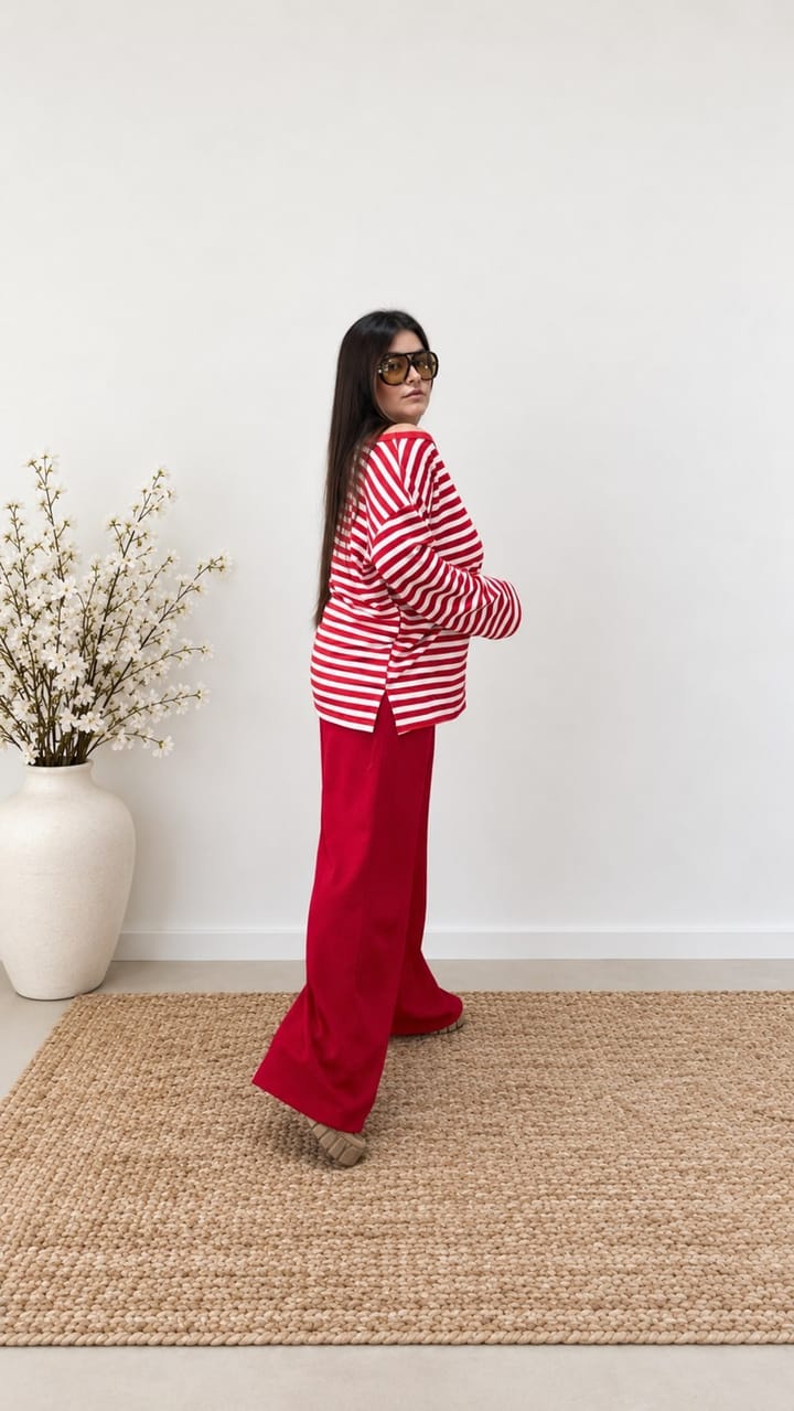 0504- Kırmızı Beyaz Stripe Bluz