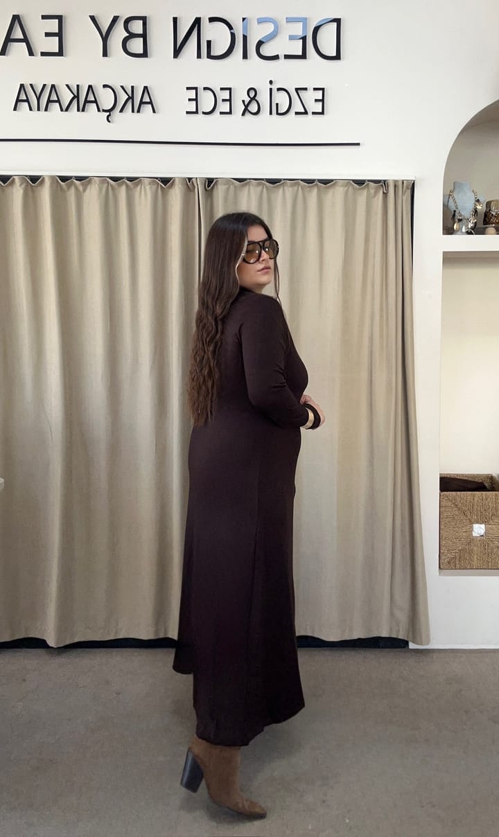 5082-Kahve Fermuarlı Elbise