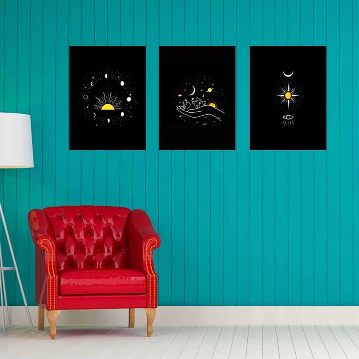 Güneş Ay Evren Ahşap Tasarım Duvar Panosu 3'lü Set 22X30 cm