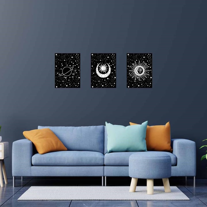 Moon Saturn Motto Tasarım Duvar Panosu 3lü Set 20X30 cm
