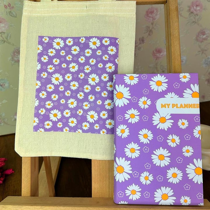 Mor Papatya Tasarımlı Kalın Kitap Görünümlü Defter Ve Bez Çanta