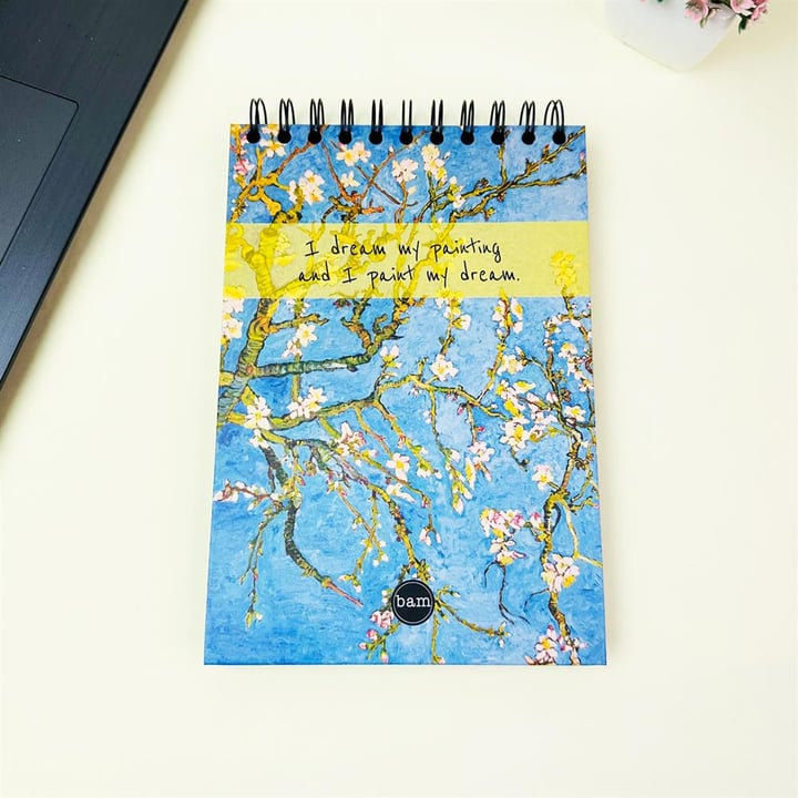 Badem Çiçeği Tasarımlı 21x14Cm Üstten Spiralli Siyah Yaprak Sketch Book - Eskiz Defteri