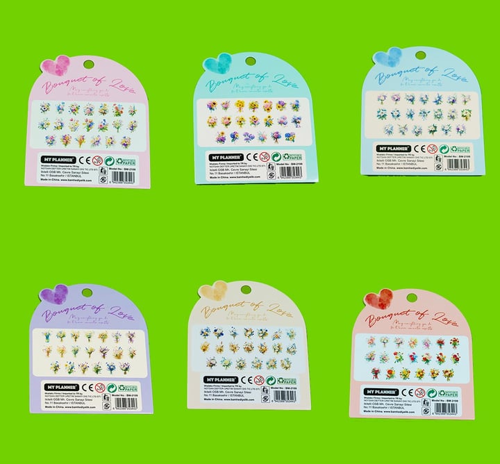Bam 2109 Çiçek Desenli 6 model 20 li Şeffaf Sticker x12 