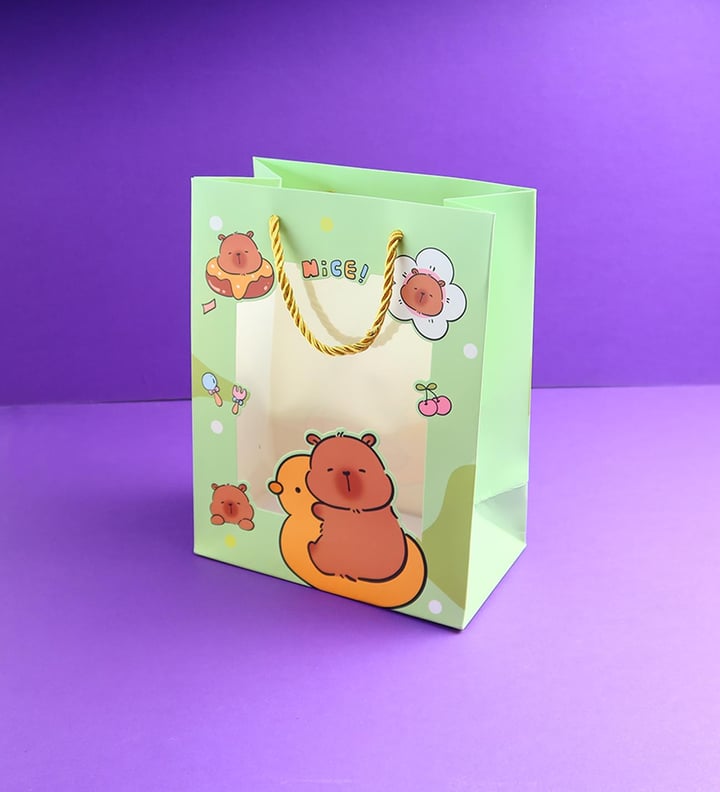 Capybara Figürlü Plastik Pencereli Karton Çanta 23x18 Cm x12