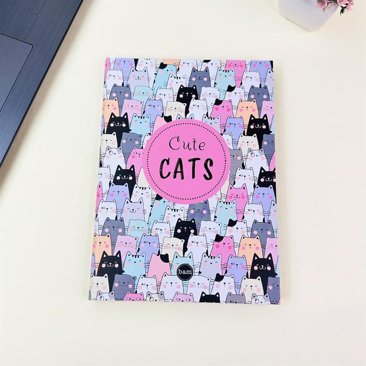 Sevimli Kedi Tasarımlı 21x14Cm Siyah Yaprak Sketch Book - Eskiz Defteri