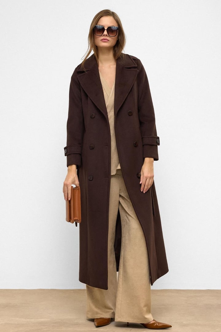 Double-Breasted Long Coat with Epaulette Detail COFFEE 3056