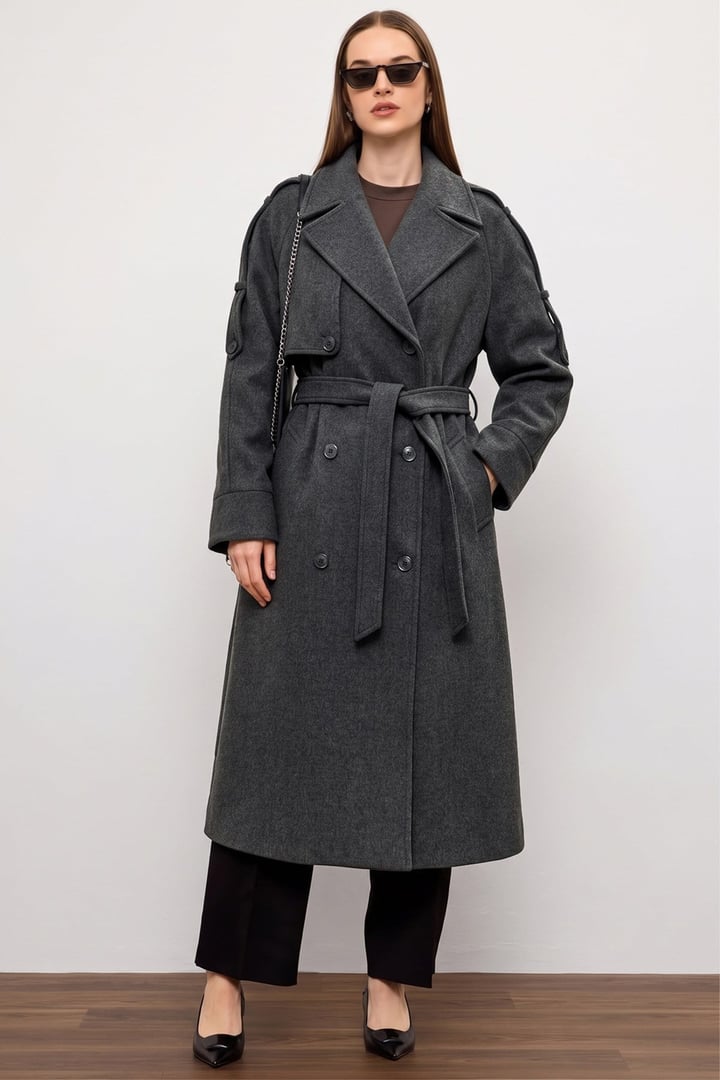Apolet ve Pelerin Detaylı Oversize Kaban KOYU GRİ 3200