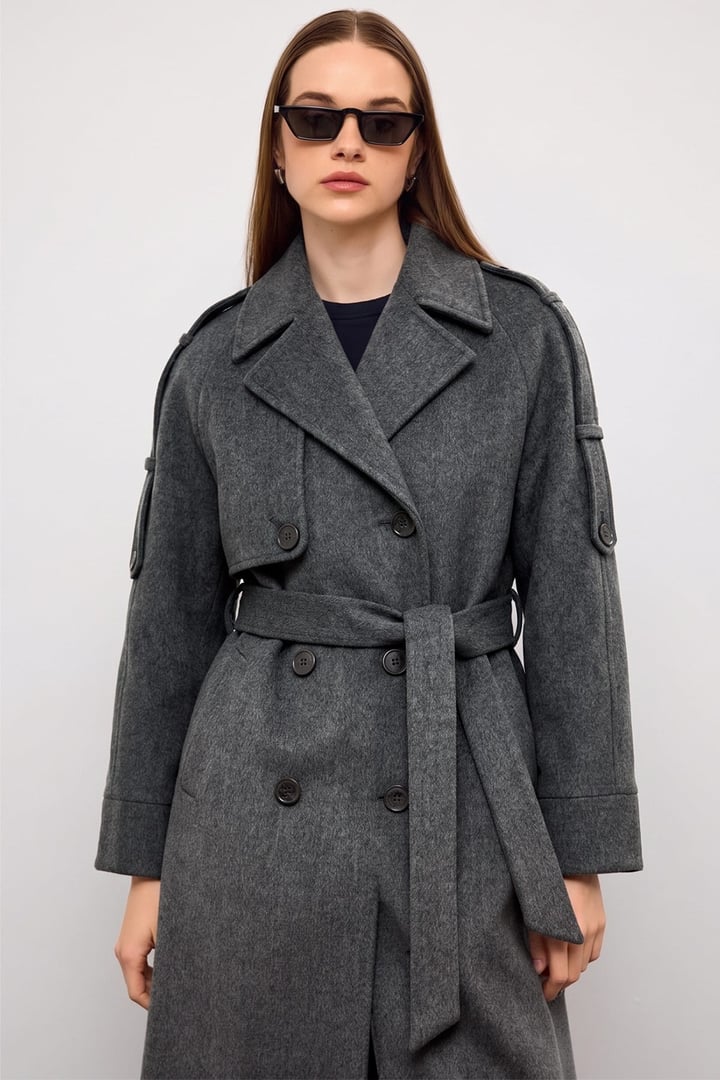Apolet ve Pelerin Detaylı Oversize Kaban KOYU GRİ 3200
