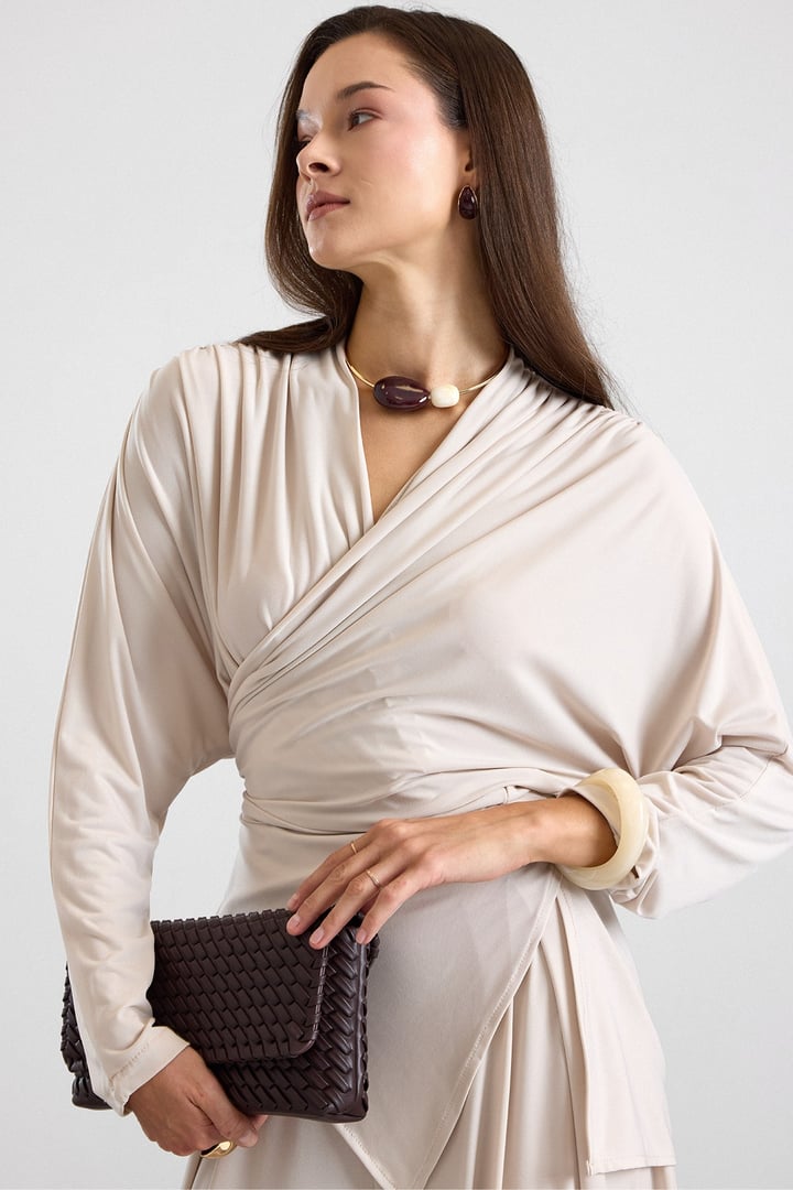 Asimetrik Kesim Şalvar Pantolon Kimono Takım BEJ 9475-TK