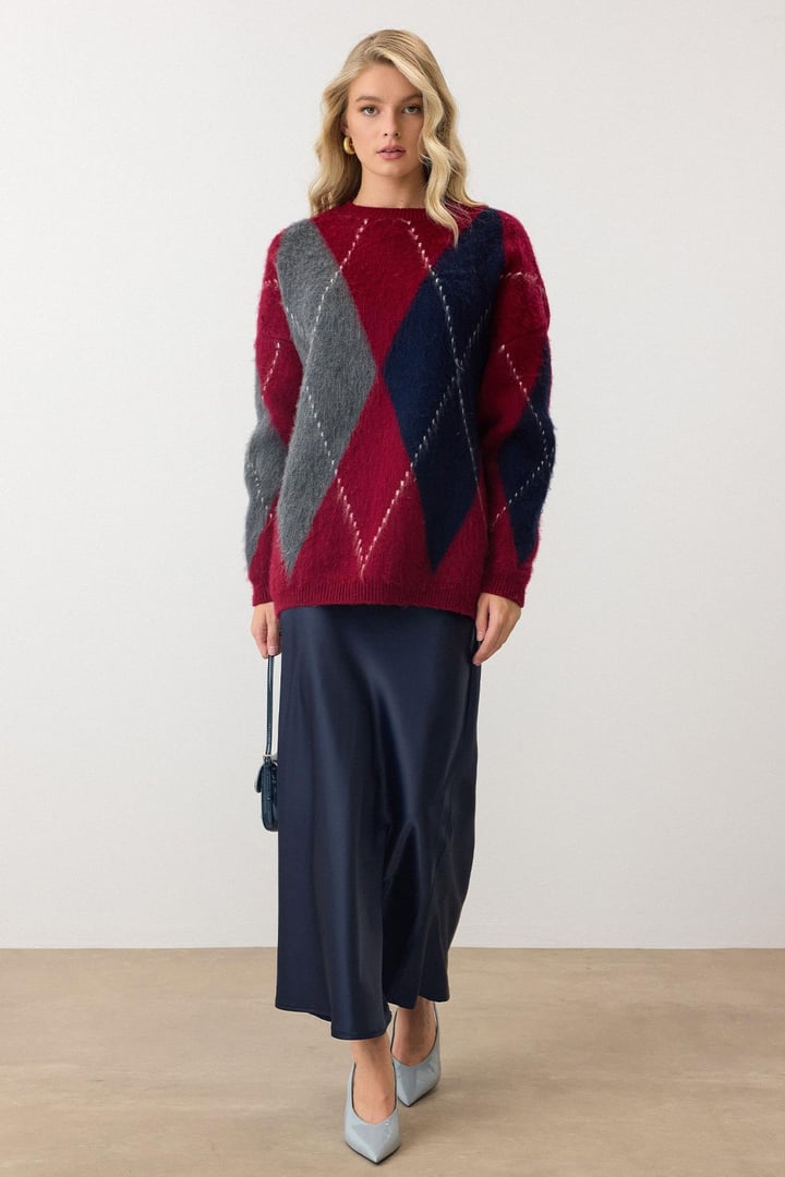 Baklava Desen Oversize Triko Kazak BORDO 8272