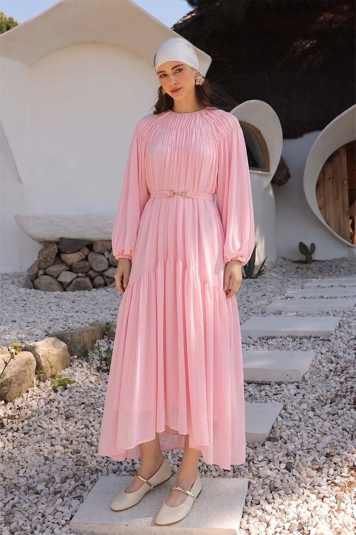 Büzgü Detaylı Balon Kol Şifon Elbise PEMBE 9461-E