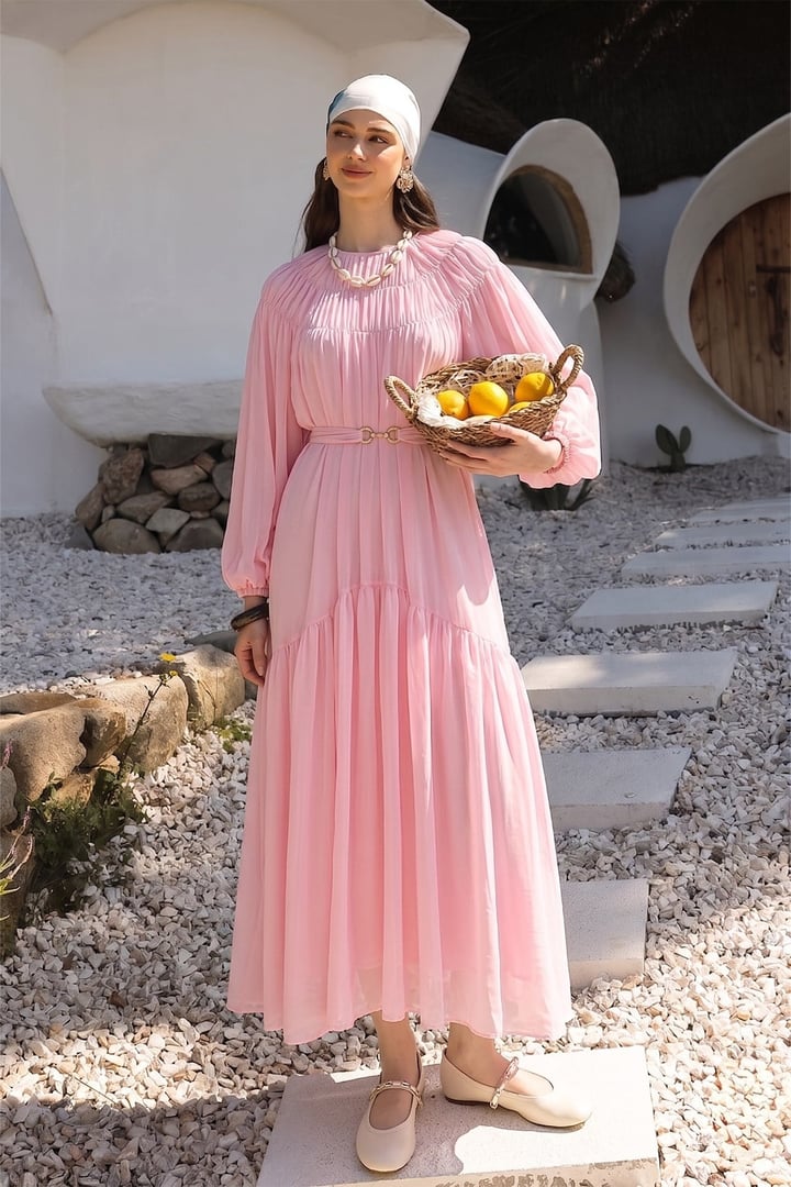 Büzgü Detaylı Balon Kol Şifon Elbise PEMBE 9461-E
