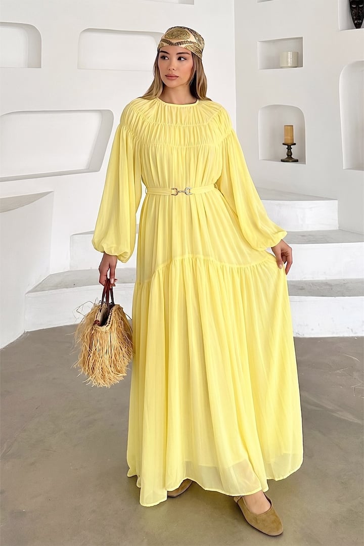 Büzgü Detaylı Balon Kol Şifon Elbise SARI 9461-E