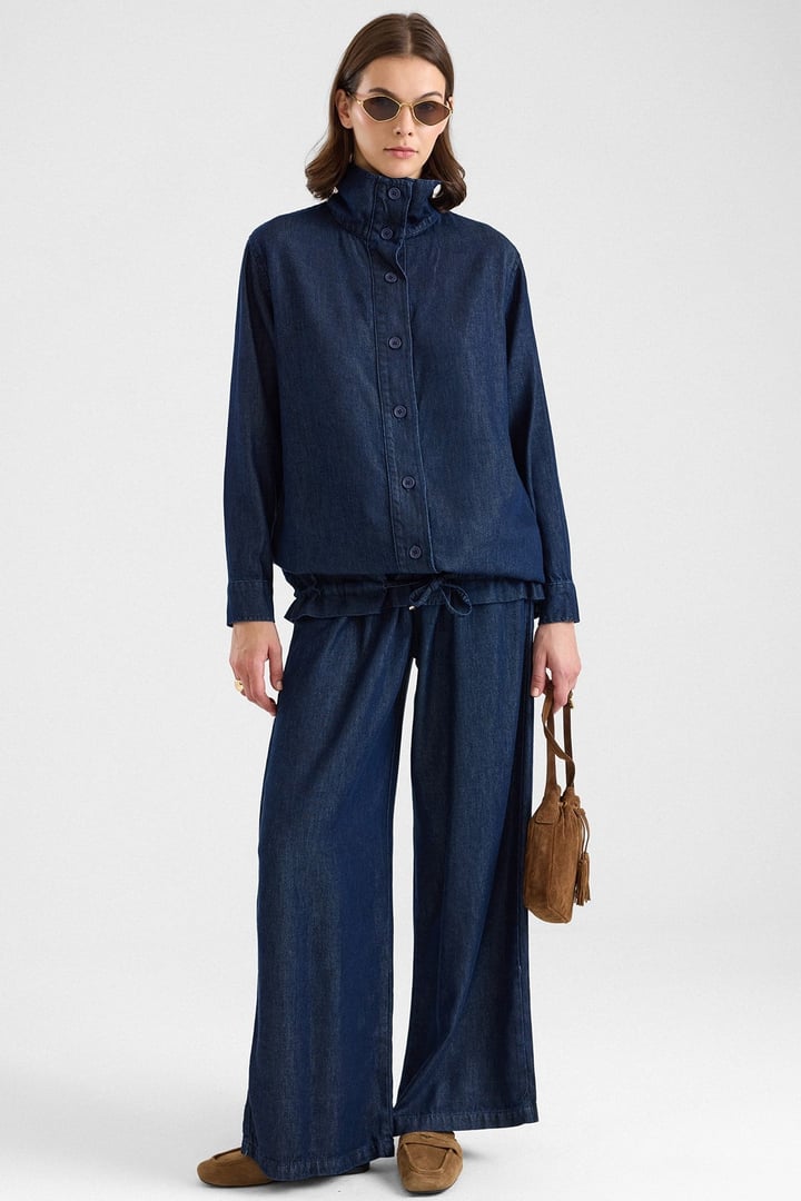 Büzgü Detaylı Soft Denim Ceket Pantolon İkili Takım LACİVERT 9472-TK