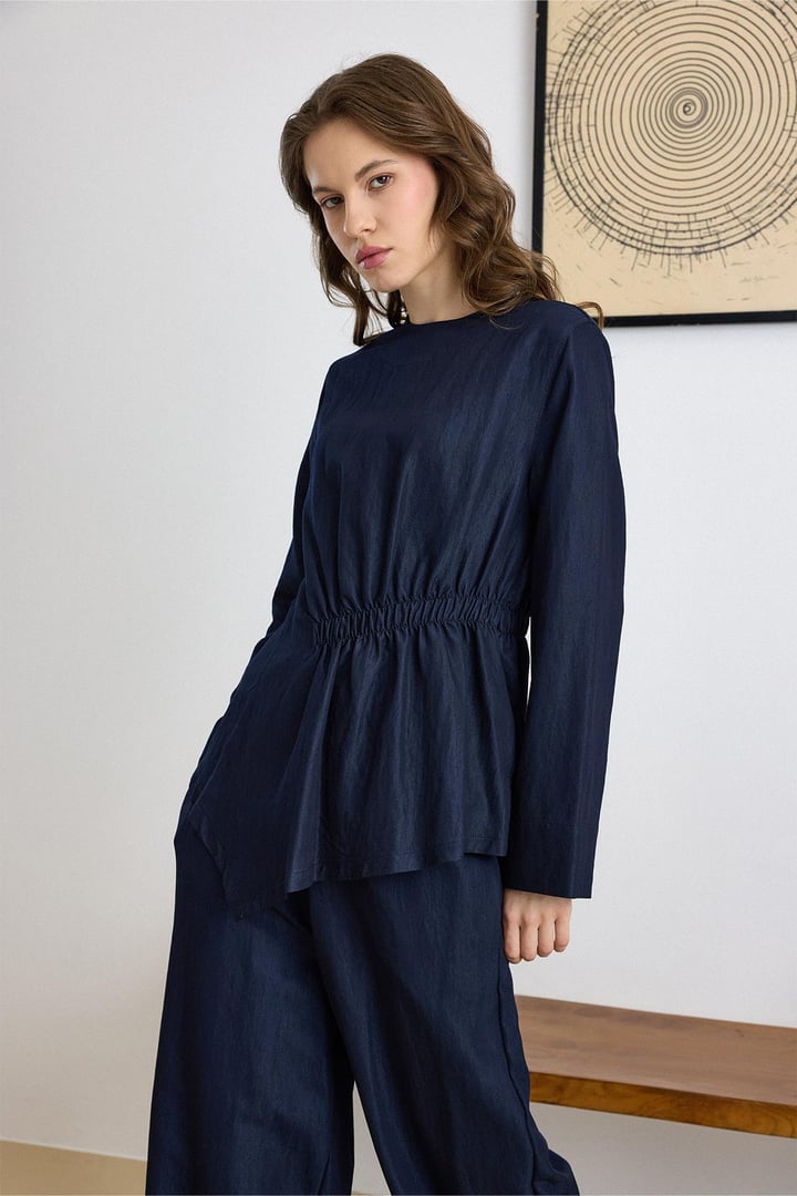 Büzgü Detaylı Soft Denim Tunik Pantolon Takıım LACİVERT 9421-TK