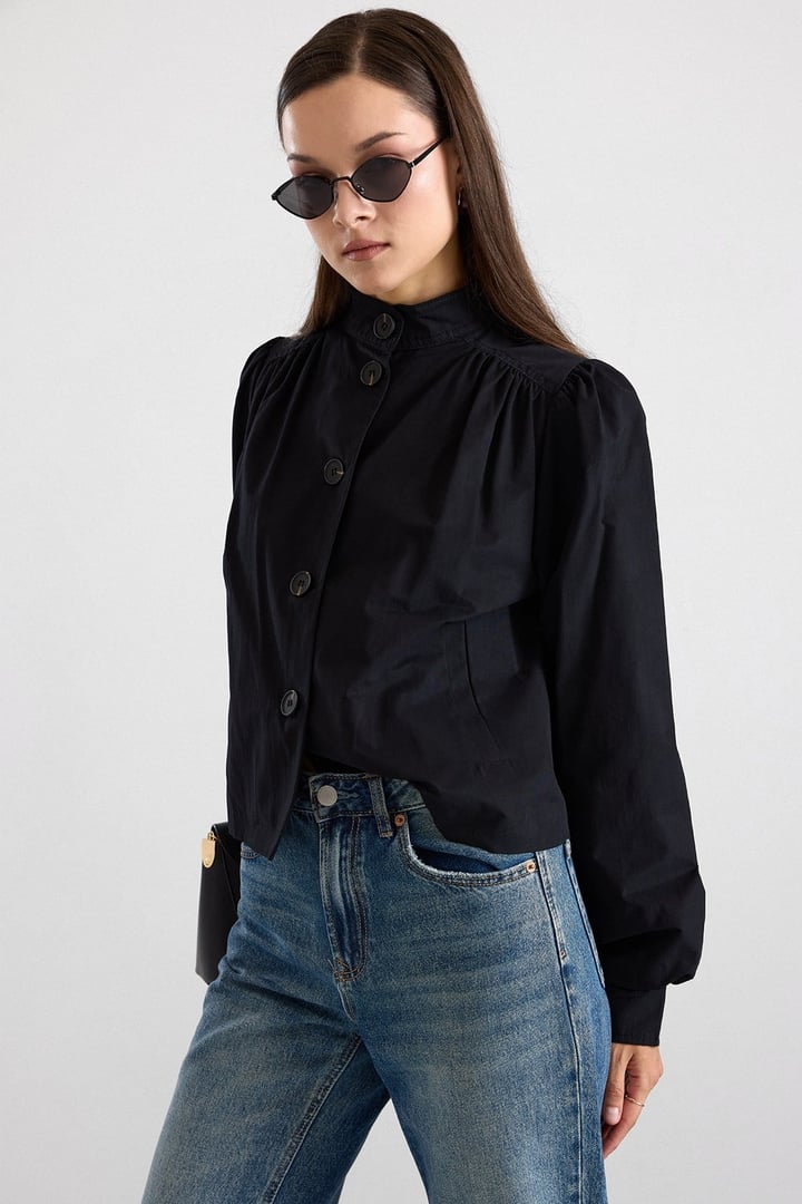 Büzgü Detaylı Spor Crop Ceket SİYAH 8292