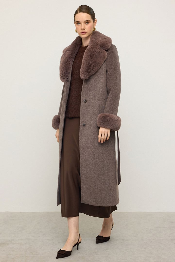 Fur Lined Long Coat with Detachable Jacket Collar and Sleeves LATTE 3088
