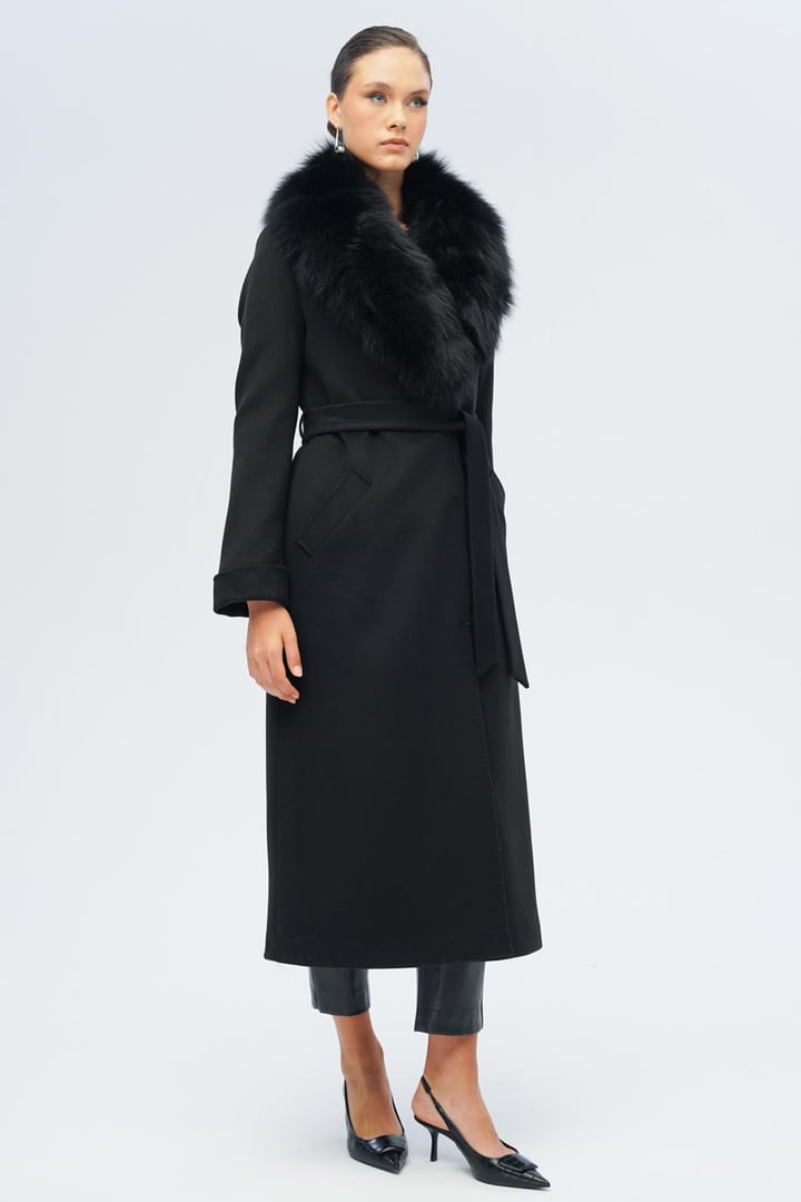 Detachable Fur-Lined Waist-Tied Long Cashmere Coat BLACK 3133-TK