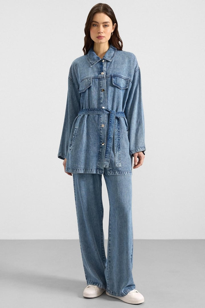 Çıt Çıt Kapamalı Soft Denim Ceket Pantolon İkili Takım MAVİ 9398-TK