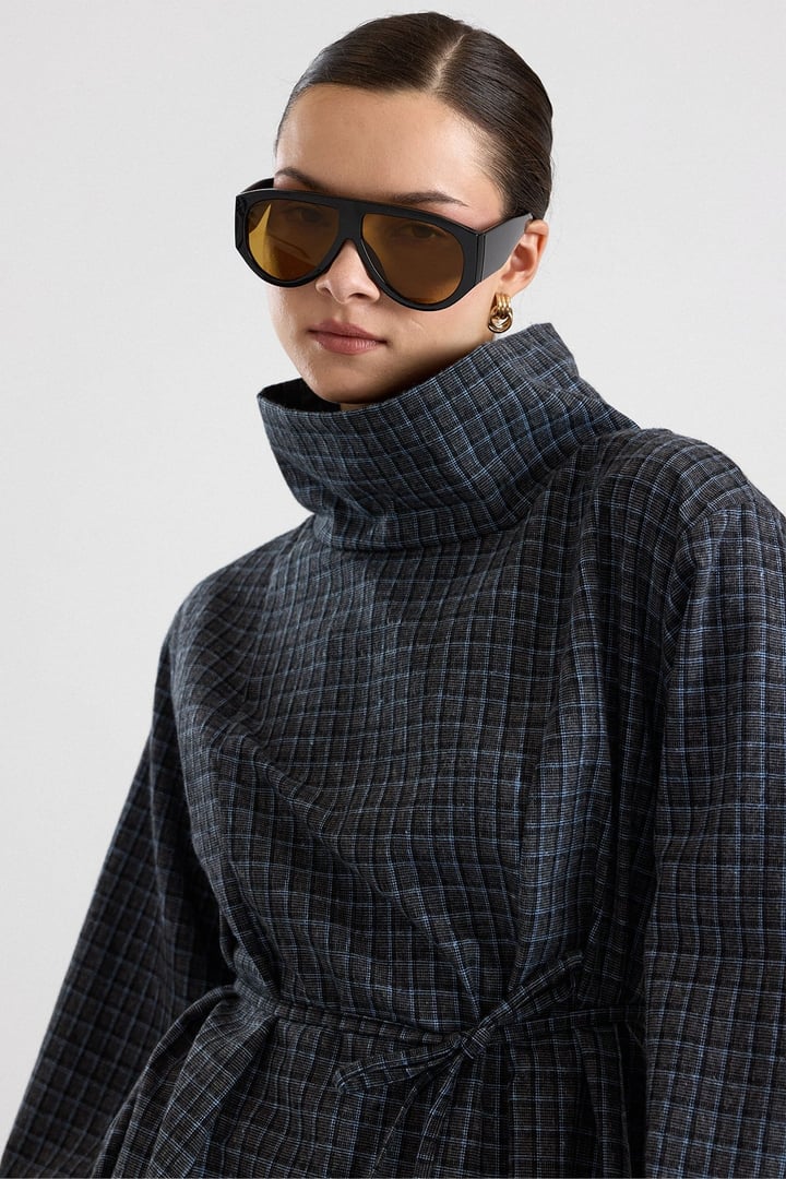 Degaje Yaka Oversize Kareli Bluz ANTRASİT 9839