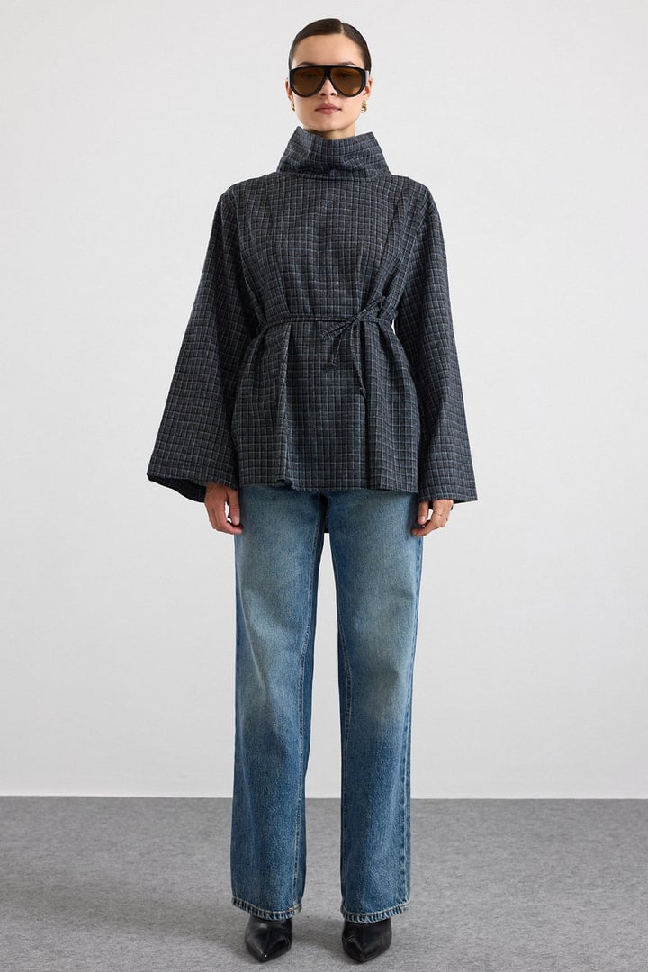 Degaje Yaka Oversize Kareli Bluz ANTRASİT 9839