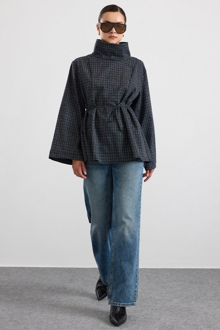 Degaje Yaka Oversize Kareli Bluz ANTRASİT 9839
