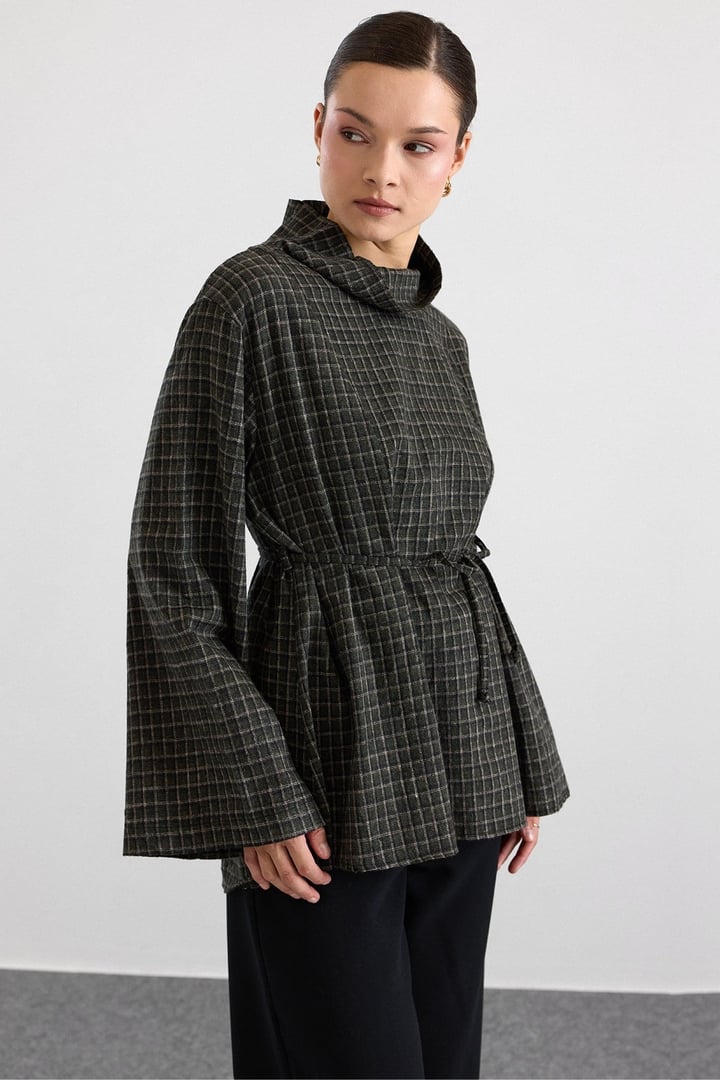 Degaje Yaka Oversize Kareli Bluz HAKİ 9839