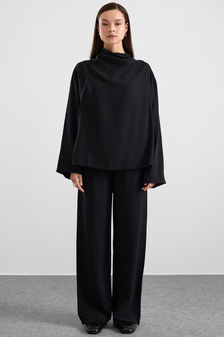 Degaje Yaka Oversize Pantolon Bluz İkili Takım SİYAH 9483-TK