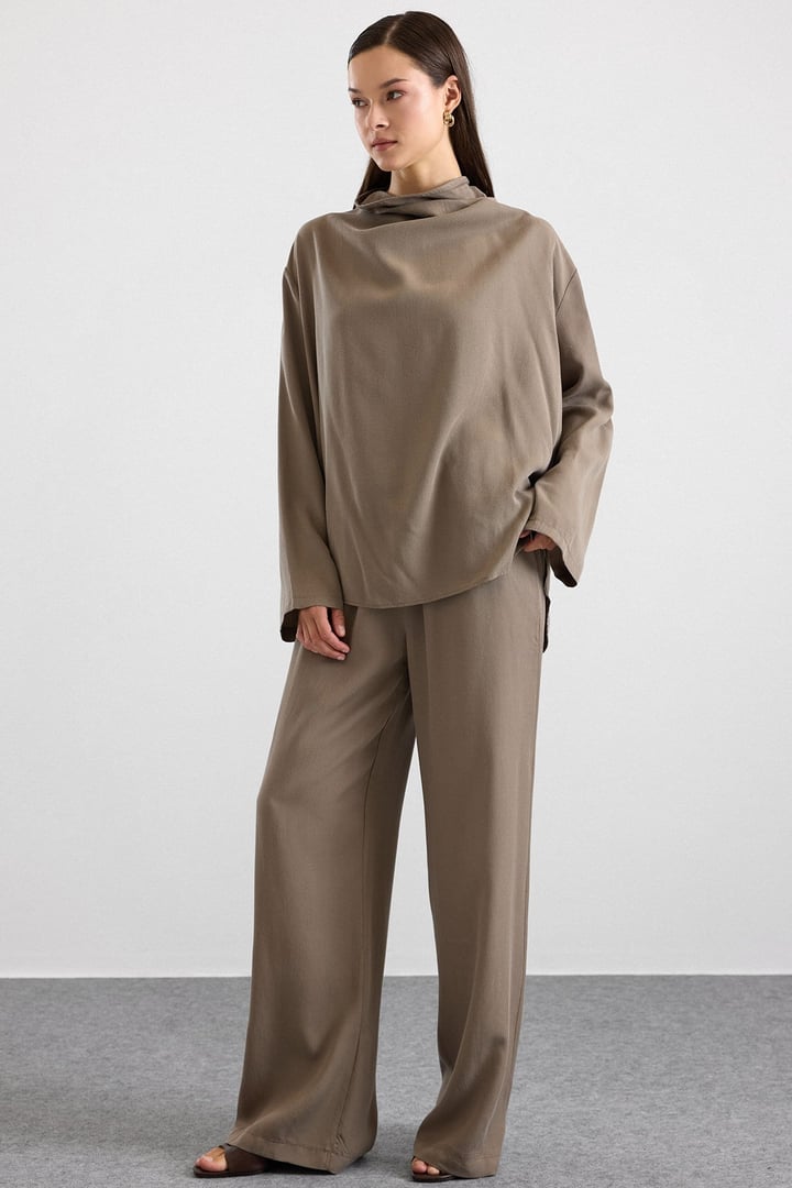 Degaje Yaka Oversize Pantolon Bluz İkili Takım HAKİ 9483-TK
