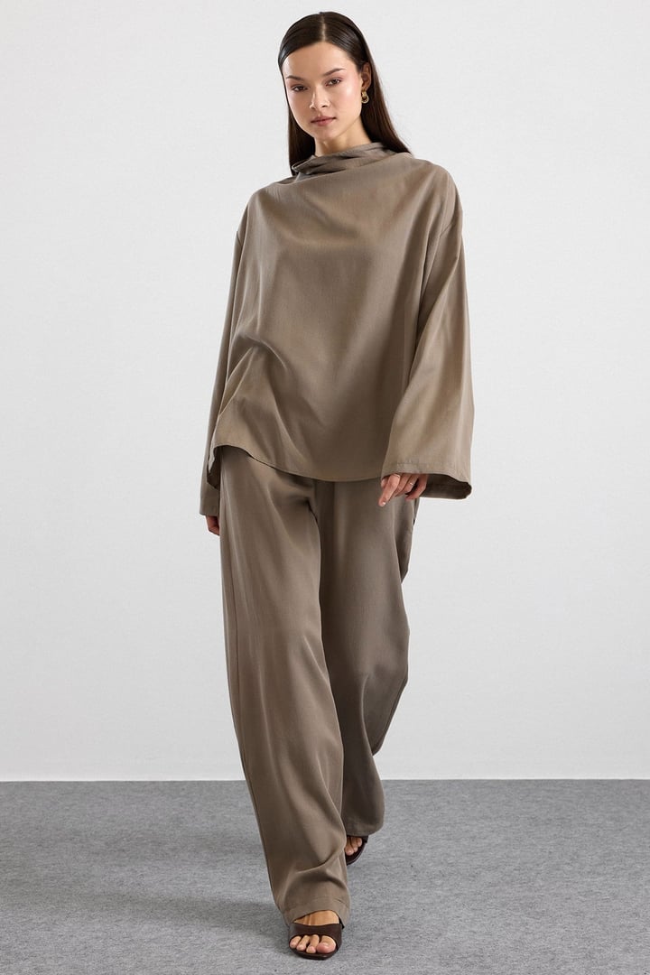 Degaje Yaka Oversize Pantolon Bluz İkili Takım HAKİ 9483-TK