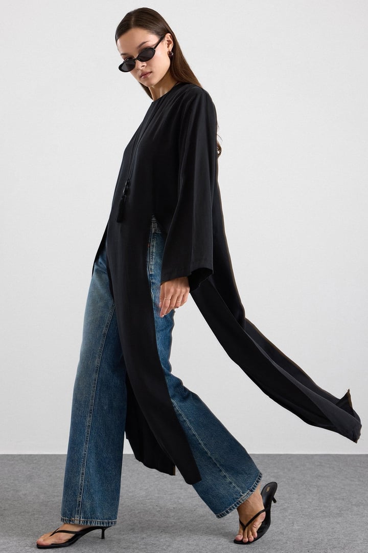 Derin Yırtmaçlı Oversize Uzun Tunik SİYAH 9838