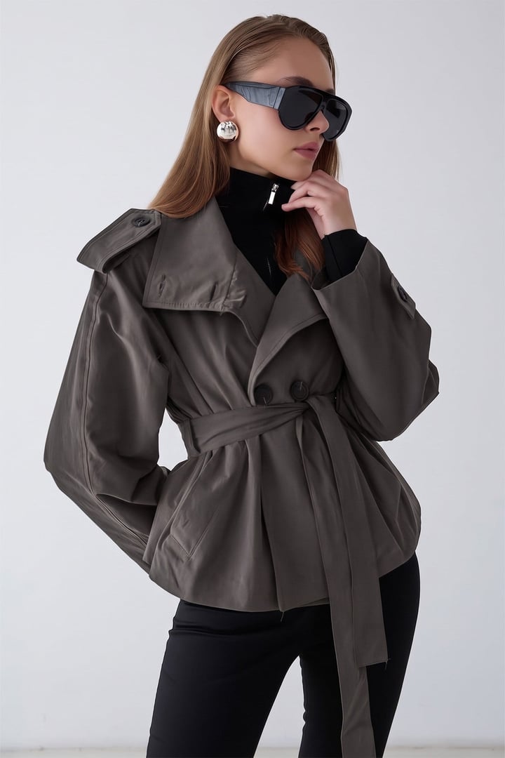 Dik Yaka Apolet Detaylı Oversize Kısa Trençkot ANTRASİT 6934