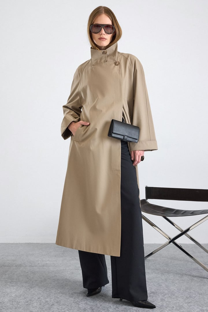 Dik Yaka Oversize Su İtici Özellikli Trençkot TAŞ 6874