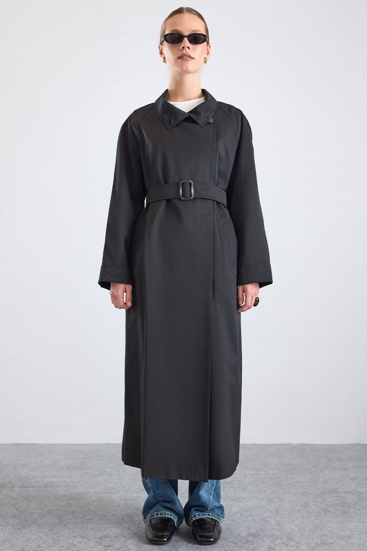 Dik Yaka Oversize Su İtici Özellikli Trençkot SİYAH 6874