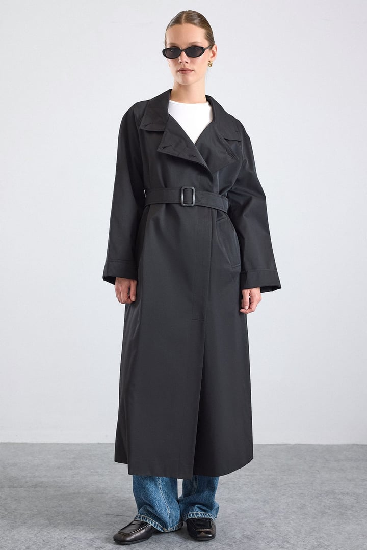 Dik Yaka Oversize Su İtici Özellikli Trençkot SİYAH 6874