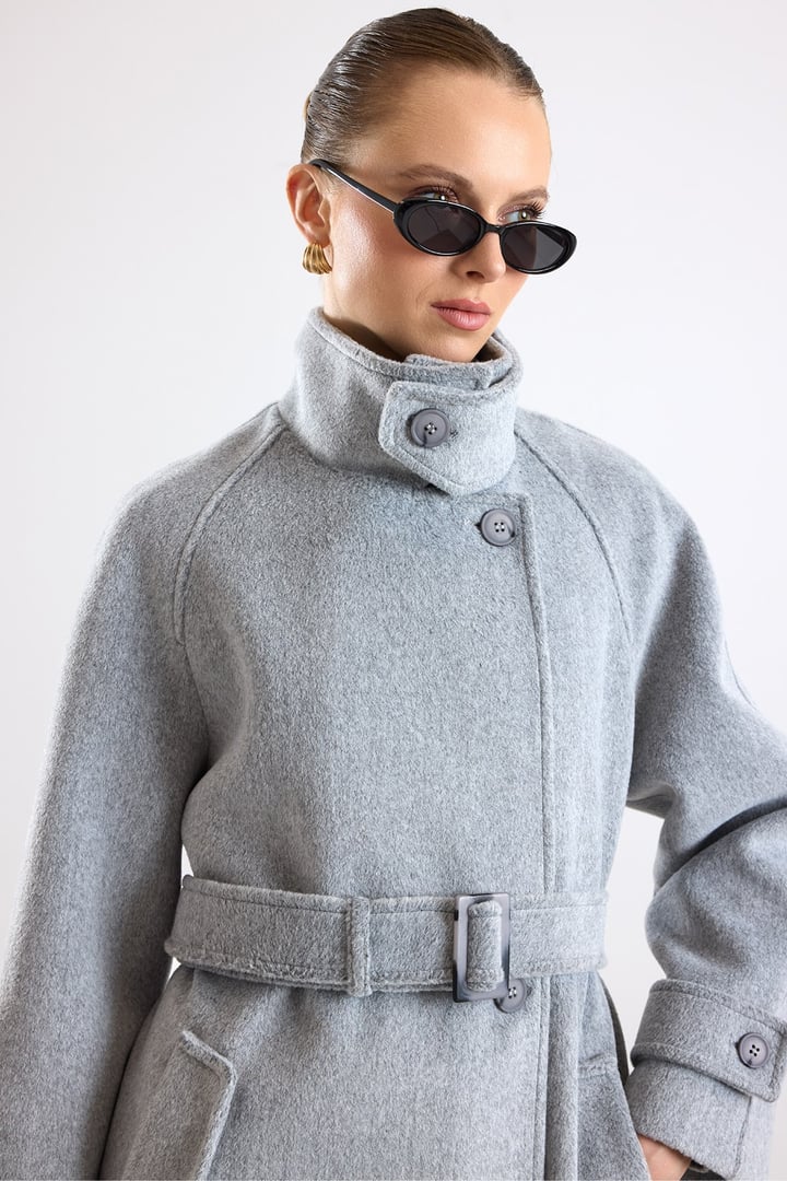 Dik Yaka Pat Detaylı Oversize Kaban AÇIK GRİ 3177