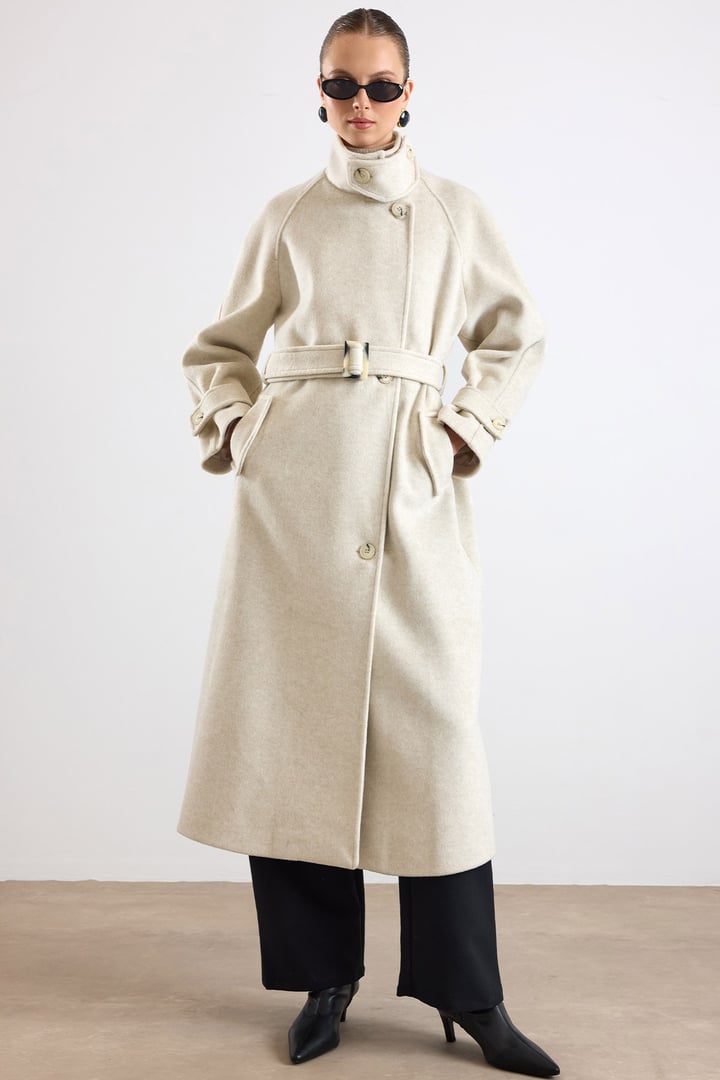 Dik Yaka Pat Detaylı Oversize Kaban BEJ MELANJ 3177
