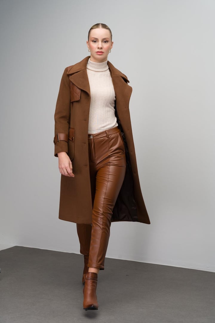 Mens Leather Cape and Garni Detailed Coat TOBACCO 3083