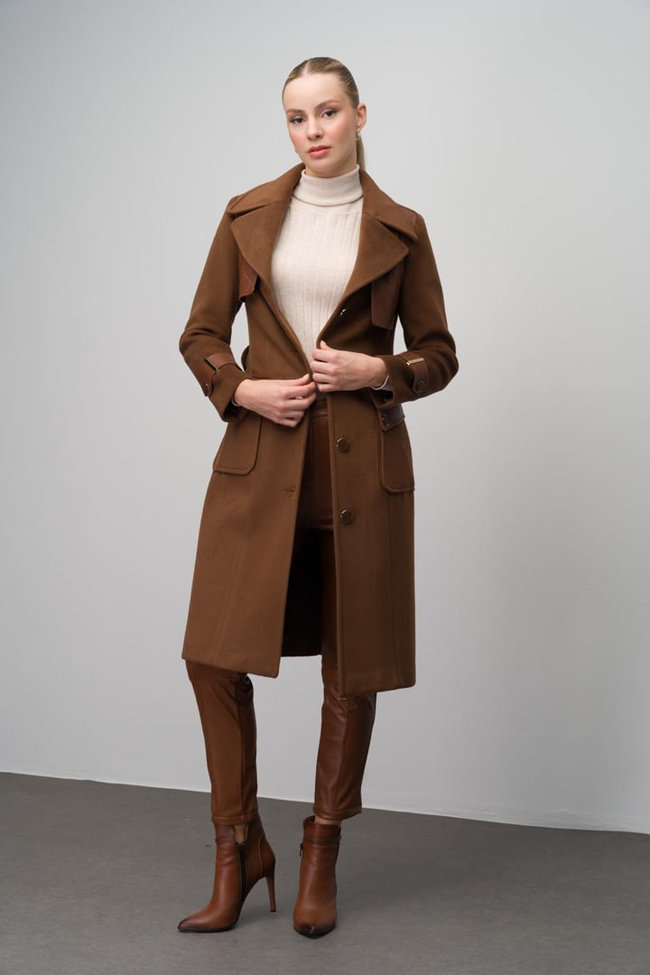 Mens Leather Cape and Garni Detailed Coat TOBACCO 3083