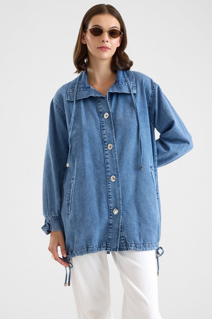 Eteği Büzgülü Bağcık Detaylı Oversize Ceket MAVİ 8288