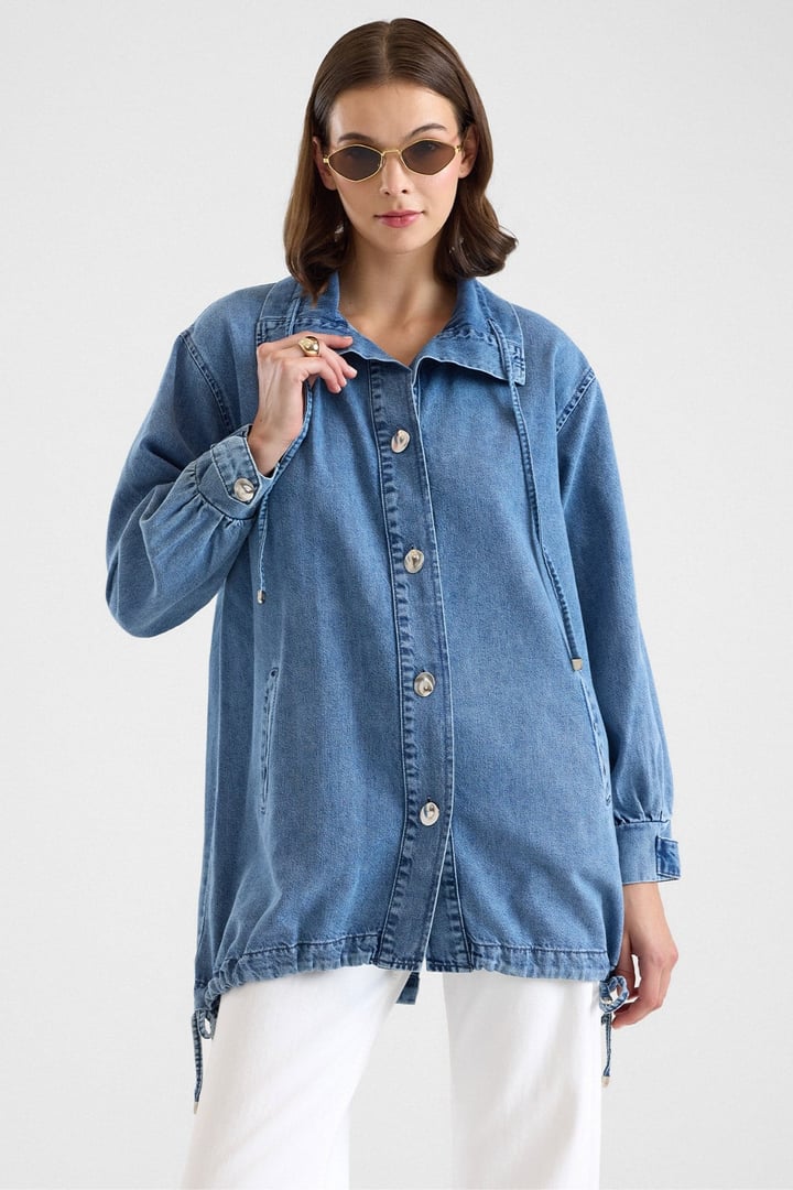 Eteği Büzgülü Bağcık Detaylı Oversize Ceket MAVİ 8288