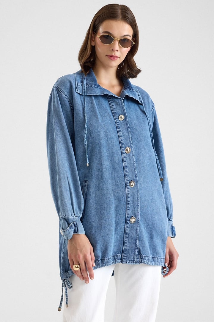 Eteği Büzgülü Bağcık Detaylı Oversize Ceket MAVİ 8288