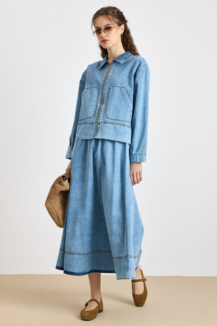 Fermuar Kapamalı Ceket Etek Denim Takım MAVİ 9447-TK