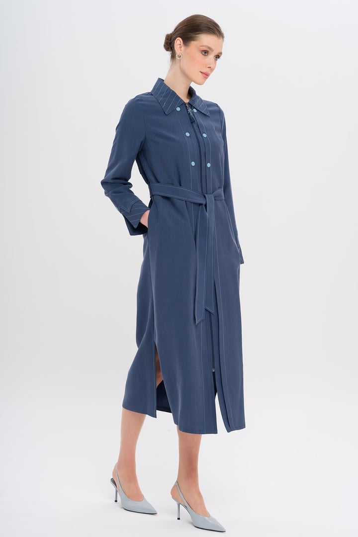 Unlined Modal Coat with Zipper Closure and Stitching Details İNDİGO 6721