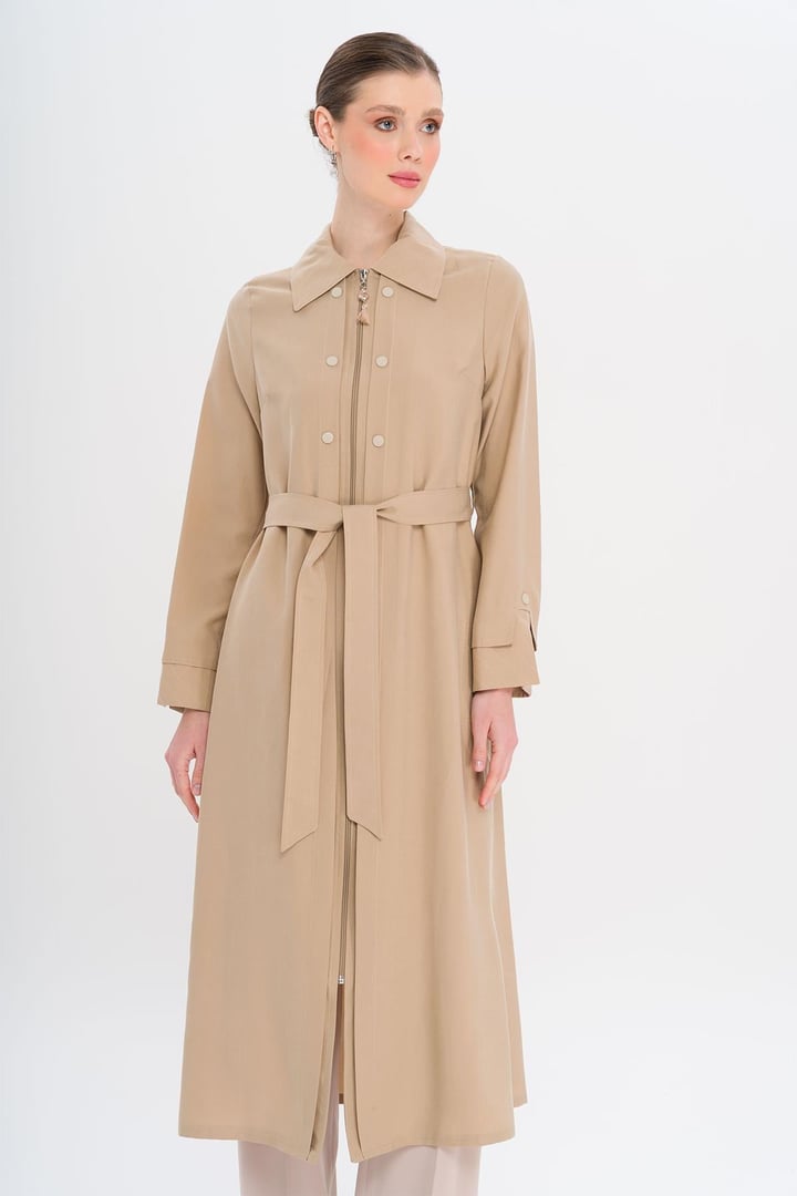 Unlined Modal Coat with Zipper Closure and Stitching Details IVORY 6721