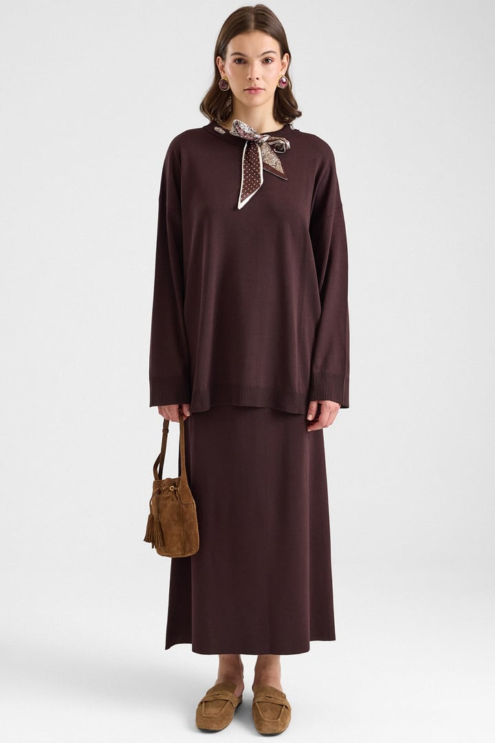 Fular Detaylı Etekli Triko Takım KAHVE 9471-TK