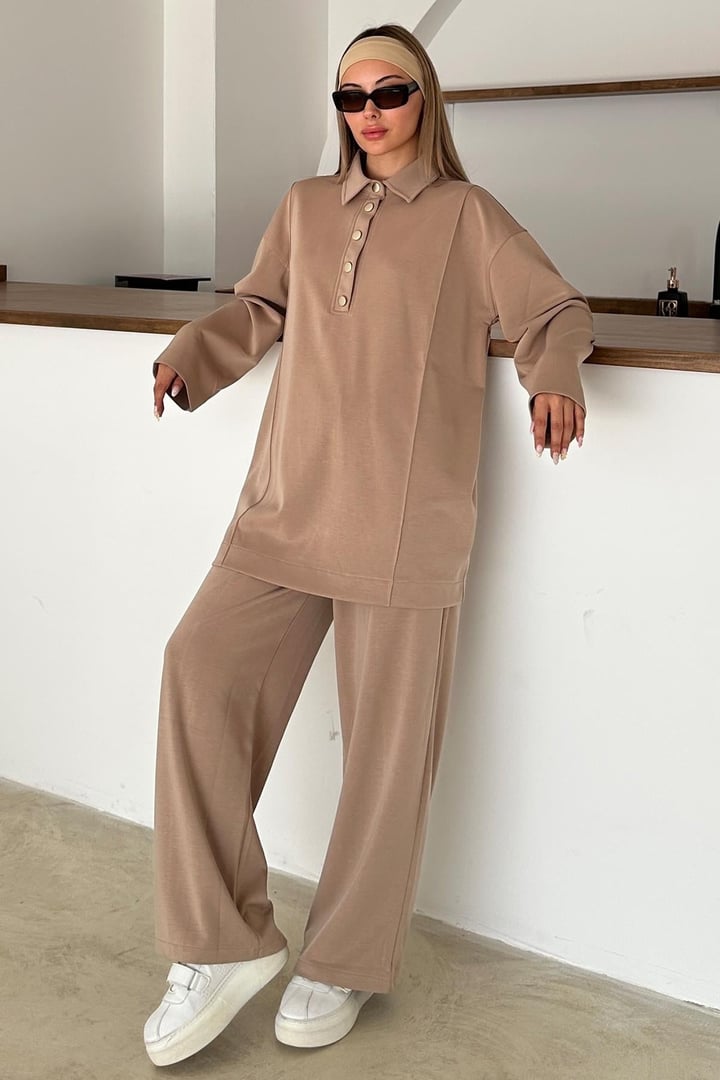 Gömlek Yaka Premium Örme Kumaş Tunik Pantolon Takım KAMEL 9374-TK