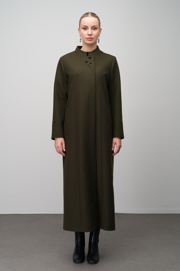 Wool Blend Plus Size Overcoat with Grandad Collar and Embroidered Detail DRAB 6632