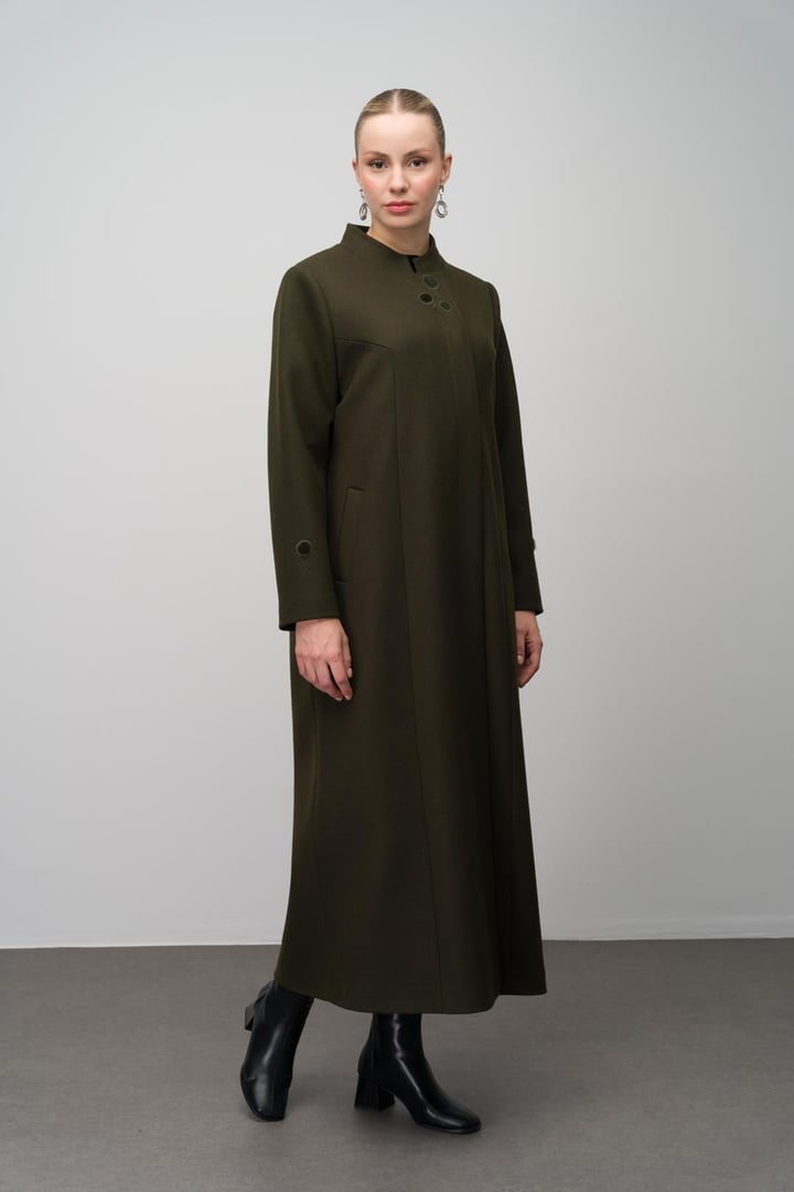 Wool Blend Plus Size Overcoat with Grandad Collar and Embroidered Detail DRAB 6632