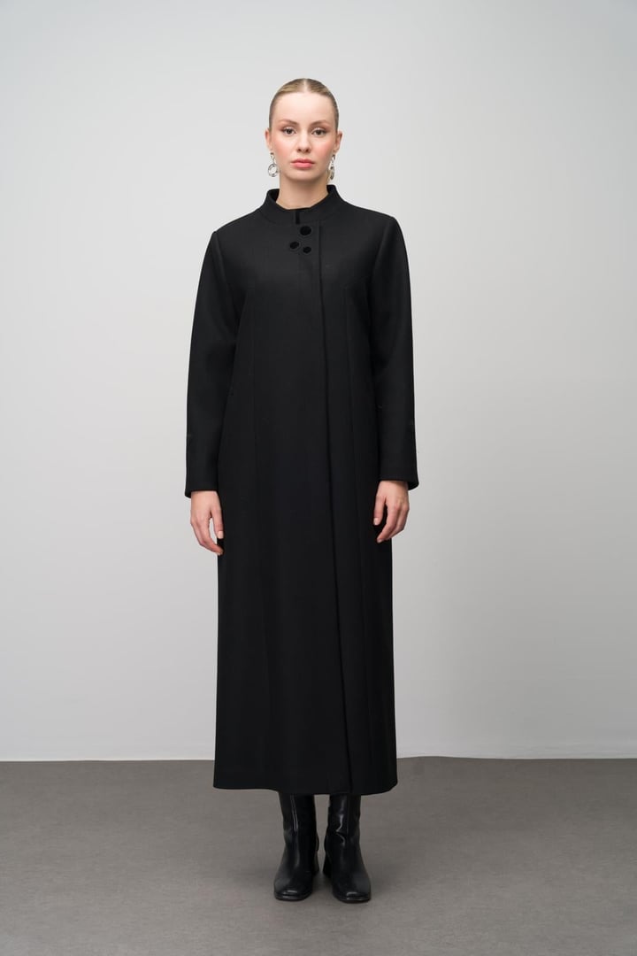 Wool Blend Plus Size Overcoat with Grandad Collar and Embroidered Detail BLACK 6632